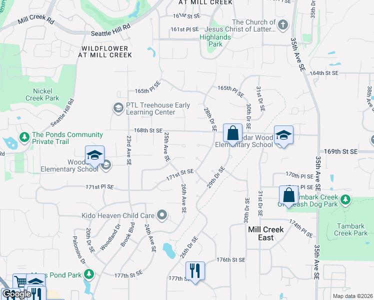 map of restaurants, bars, coffee shops, grocery stores, and more near 2612 170th Street Southeast in Bothell