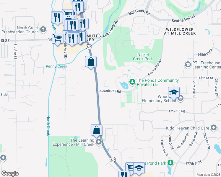 map of restaurants, bars, coffee shops, grocery stores, and more near 16933 Bothell Everett Highway in Bothell