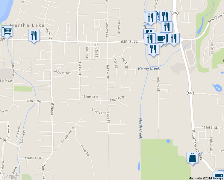 map of restaurants, bars, coffee shops, grocery stores, and more near 16925 3rd Avenue Southeast in Bothell
