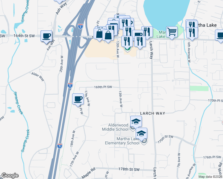 map of restaurants, bars, coffee shops, grocery stores, and more near 1327 170th Place Southwest in Lynnwood