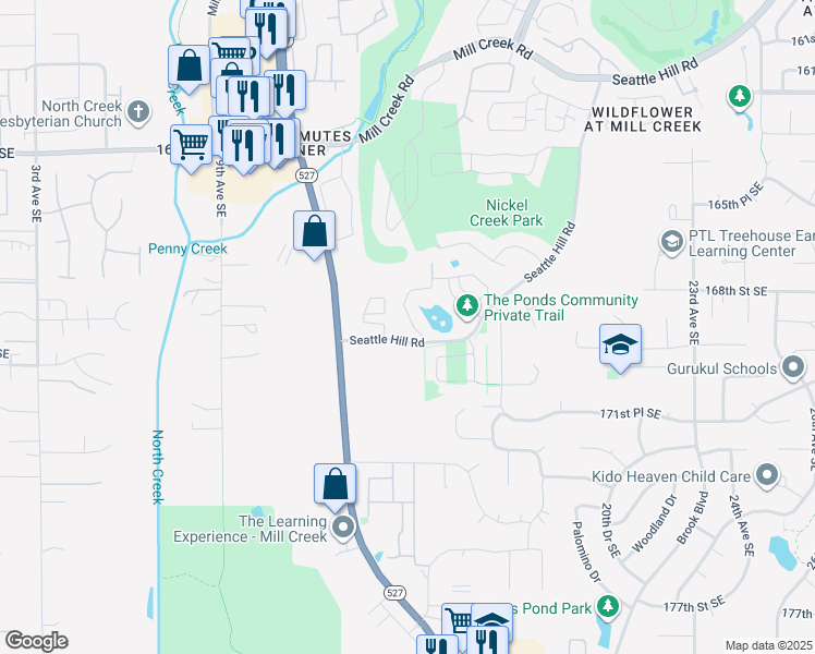 map of restaurants, bars, coffee shops, grocery stores, and more near 1621 Seattle Hill Road in Mill Creek