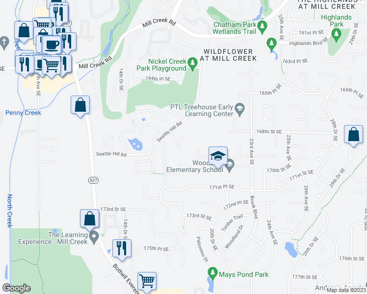 map of restaurants, bars, coffee shops, grocery stores, and more near 16905 17th Drive Southeast in Mill Creek