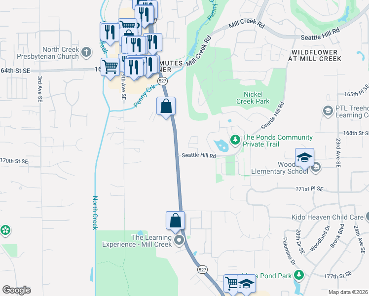 map of restaurants, bars, coffee shops, grocery stores, and more near 1325 Seattle Hill Road in Bothell