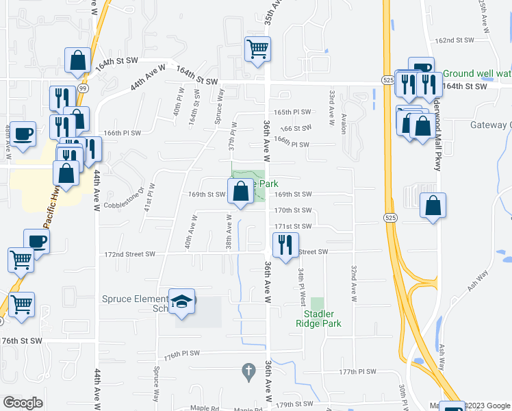 map of restaurants, bars, coffee shops, grocery stores, and more near 3615 170th Street Southwest in Lynnwood