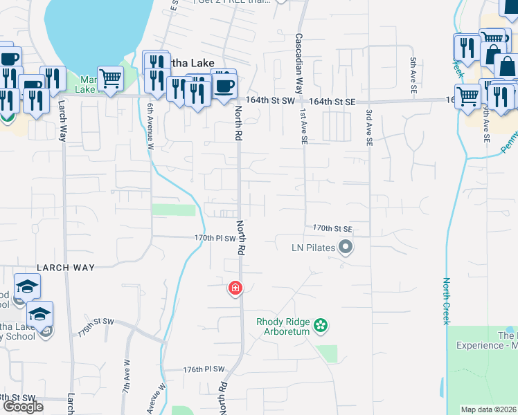 map of restaurants, bars, coffee shops, grocery stores, and more near 16803 1st Place West in Bothell