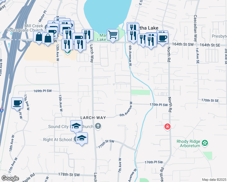 map of restaurants, bars, coffee shops, grocery stores, and more near 16817 Larch Way in Lynnwood