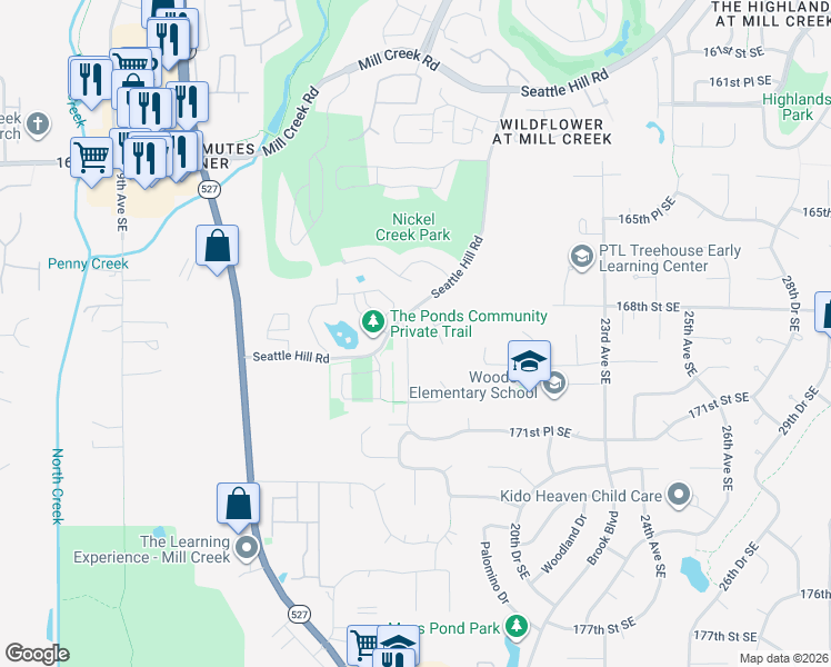 map of restaurants, bars, coffee shops, grocery stores, and more near 16810 17th Drive Southeast in Mill Creek