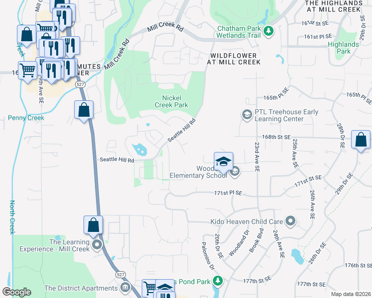 map of restaurants, bars, coffee shops, grocery stores, and more near 16833 17th Drive Southeast in Mill Creek