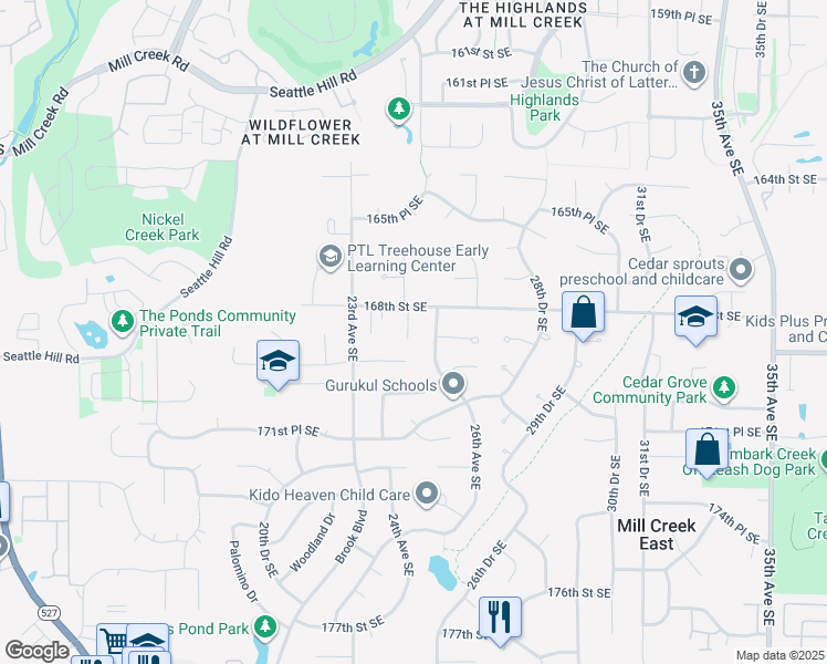 map of restaurants, bars, coffee shops, grocery stores, and more near 16808 25th Avenue Southeast in Bothell
