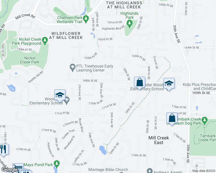 map of restaurants, bars, coffee shops, grocery stores, and more near 2607 169th Street Southeast in Bothell