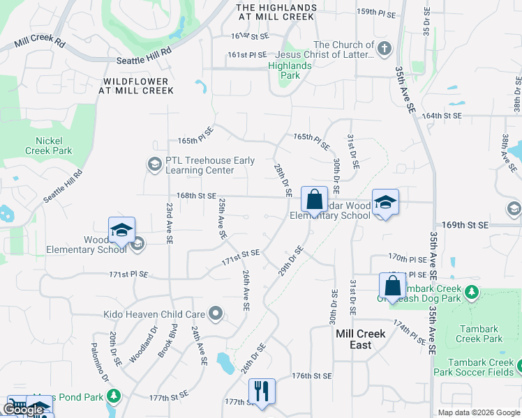 map of restaurants, bars, coffee shops, grocery stores, and more near 2712 168th Street Southeast in Bothell