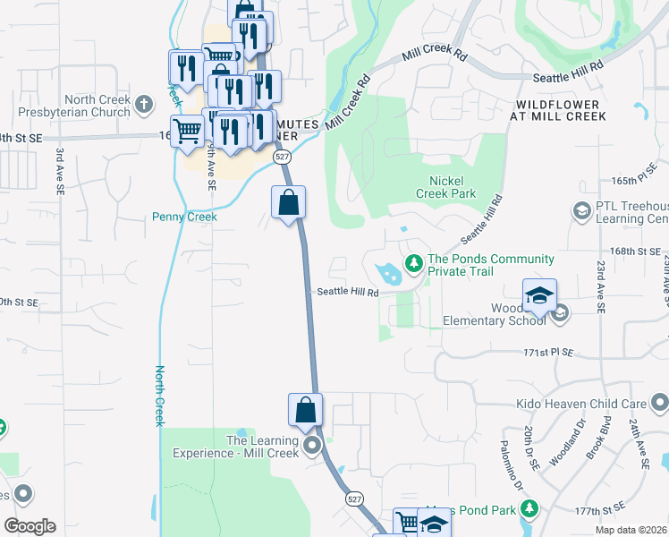 map of restaurants, bars, coffee shops, grocery stores, and more near 1421 Seattle Hill Road in Bothell