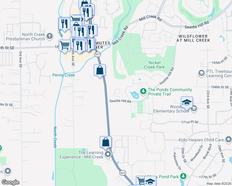 map of restaurants, bars, coffee shops, grocery stores, and more near 1421 Seattle Hill Road in Bothell