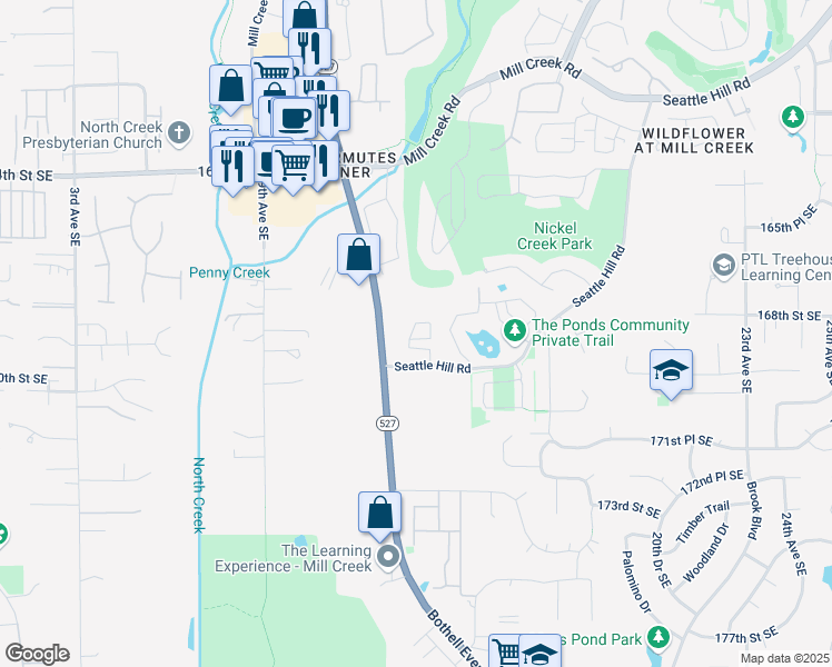map of restaurants, bars, coffee shops, grocery stores, and more near 1421 Seattle Hill Road in Bothell
