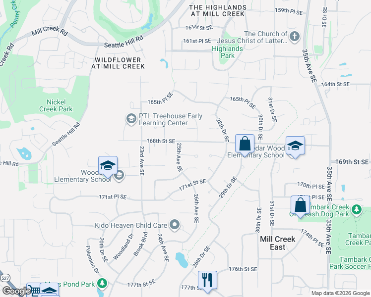 map of restaurants, bars, coffee shops, grocery stores, and more near 2606 168th Street Southeast in Bothell