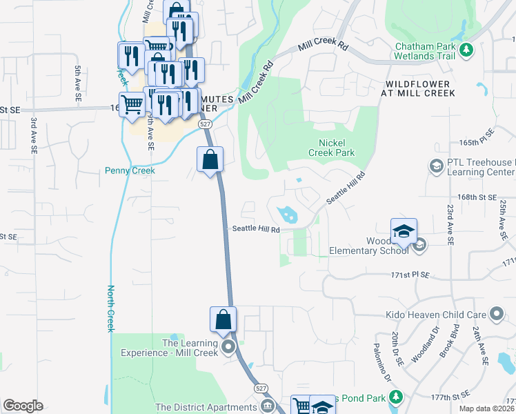 map of restaurants, bars, coffee shops, grocery stores, and more near 1421 Seattle Hill Road in Bothell