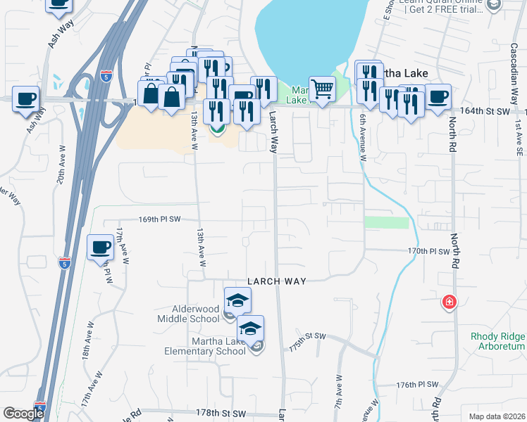 map of restaurants, bars, coffee shops, grocery stores, and more near 1022 168th Street Southwest in Lynnwood