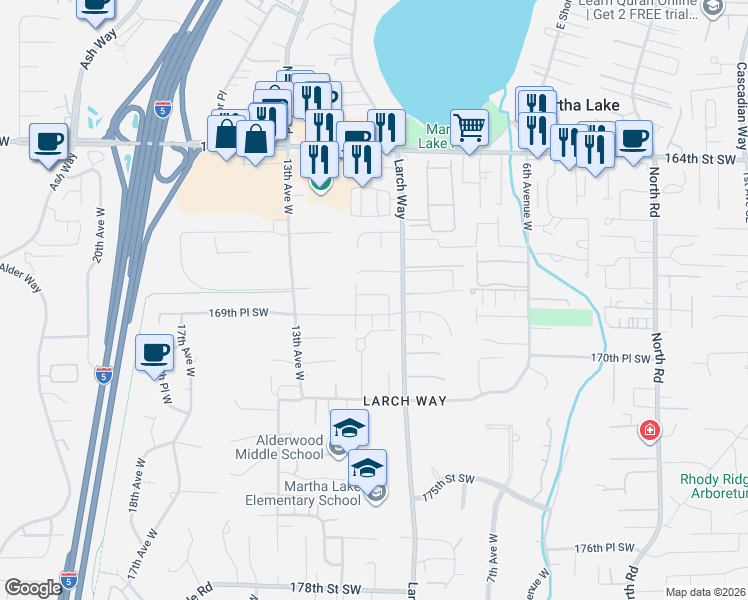 map of restaurants, bars, coffee shops, grocery stores, and more near 1028 168th Street Southwest in Lynnwood