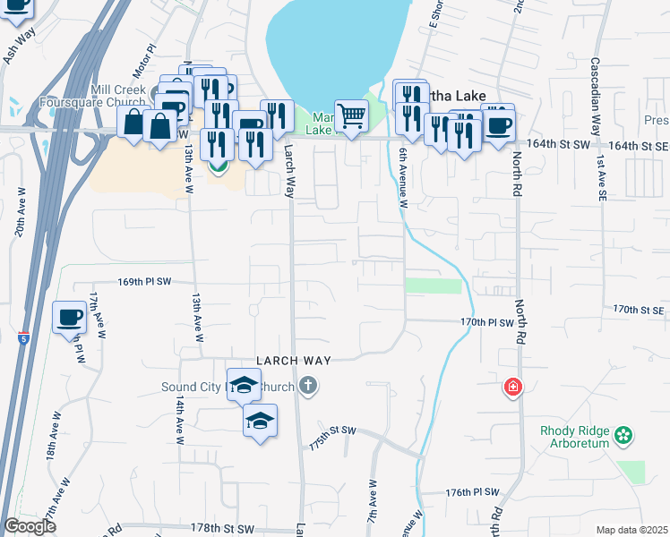 map of restaurants, bars, coffee shops, grocery stores, and more near 16817 Larch Way in Lynnwood