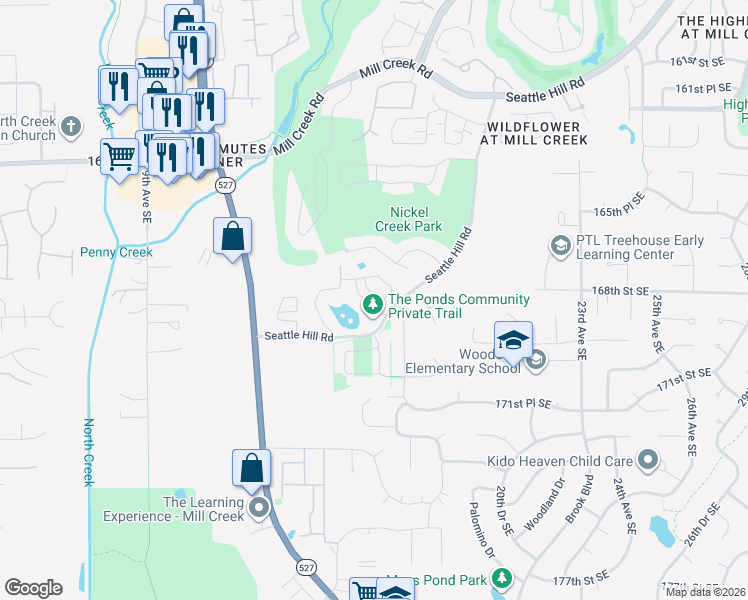 map of restaurants, bars, coffee shops, grocery stores, and more near 1621 Seattle Hill Road in Bothell