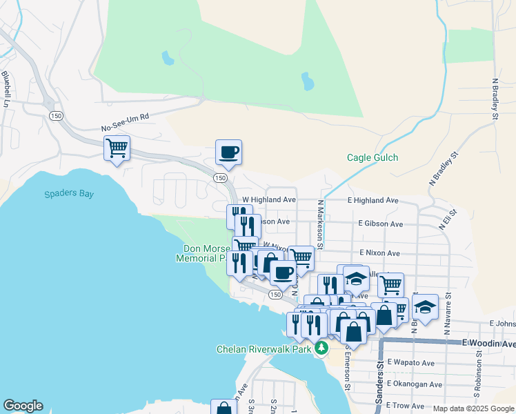 map of restaurants, bars, coffee shops, grocery stores, and more near 309 West Highland Avenue in Chelan