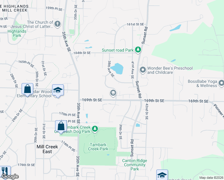 map of restaurants, bars, coffee shops, grocery stores, and more near 3814 167th Place Southeast in Bothell