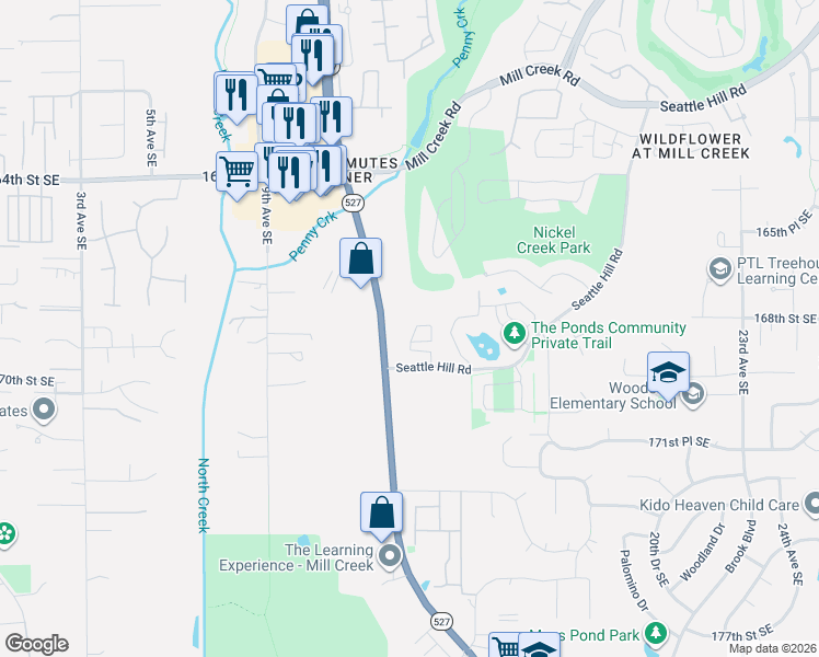 map of restaurants, bars, coffee shops, grocery stores, and more near 1325 Seattle Hill Road in Bothell