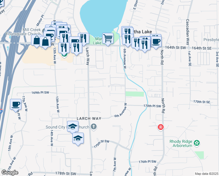 map of restaurants, bars, coffee shops, grocery stores, and more near 16817 Larch Way in Lynnwood