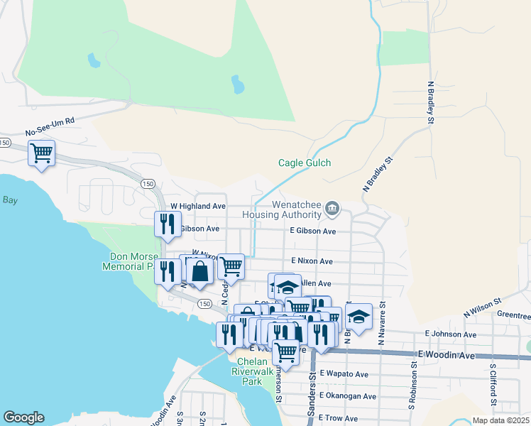 map of restaurants, bars, coffee shops, grocery stores, and more near 120 East Highland Avenue in Chelan