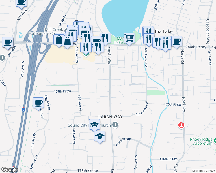 map of restaurants, bars, coffee shops, grocery stores, and more near 16828 Larch Way in Lynnwood