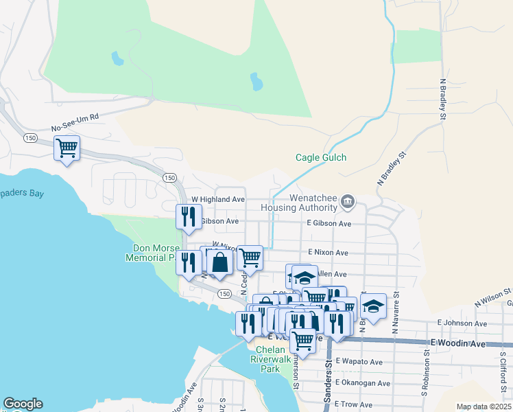 map of restaurants, bars, coffee shops, grocery stores, and more near 117 East Highland Avenue in Chelan