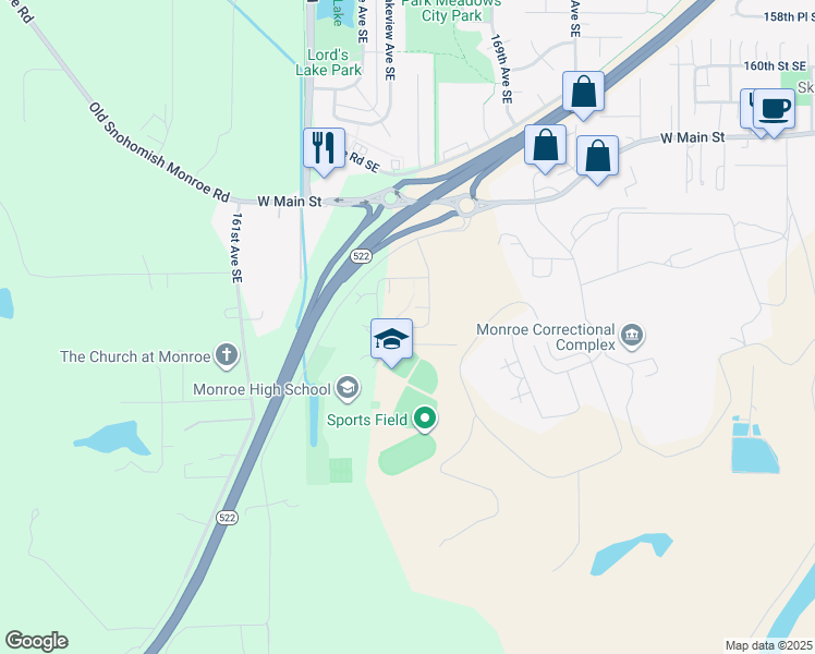 map of restaurants, bars, coffee shops, grocery stores, and more near 16543 169th Street Southeast in Monroe