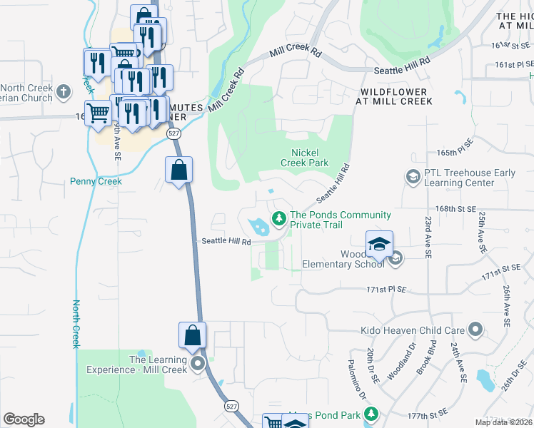 map of restaurants, bars, coffee shops, grocery stores, and more near 1621 Seattle Hill Road in Mill Creek
