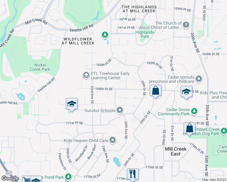 map of restaurants, bars, coffee shops, grocery stores, and more near 16808 25th Avenue Southeast in Bothell