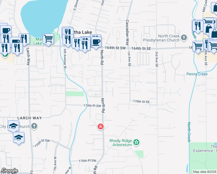 map of restaurants, bars, coffee shops, grocery stores, and more near 16803 1st Place West in Bothell