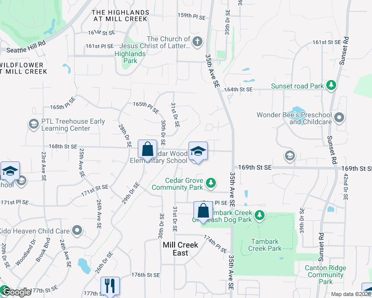 map of restaurants, bars, coffee shops, grocery stores, and more near 16805 31st Drive Southeast in Bothell