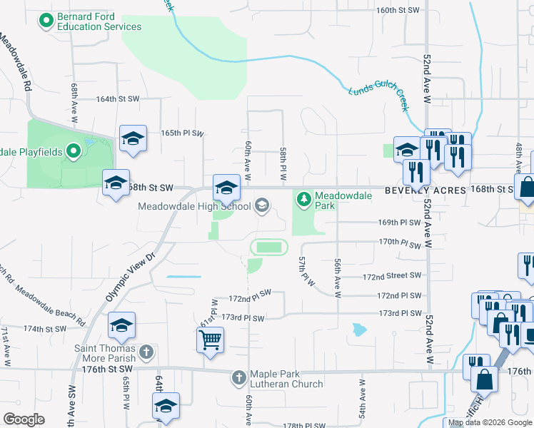 map of restaurants, bars, coffee shops, grocery stores, and more near 6002 168th Street Southwest in Lynnwood