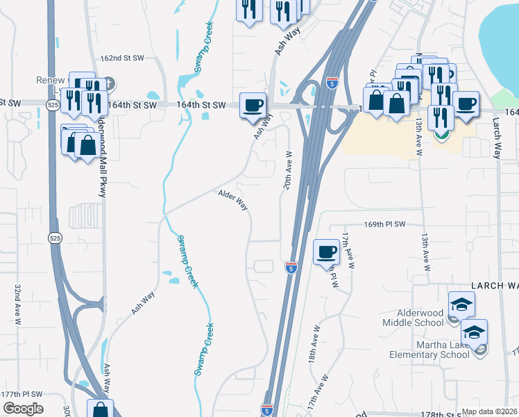 map of restaurants, bars, coffee shops, grocery stores, and more near 16904 Alder Way in Lynnwood