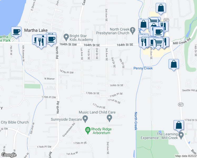 map of restaurants, bars, coffee shops, grocery stores, and more near 210 168th Street Southwest in Bothell