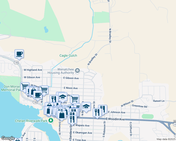 map of restaurants, bars, coffee shops, grocery stores, and more near 637 North Bradley Street in Chelan