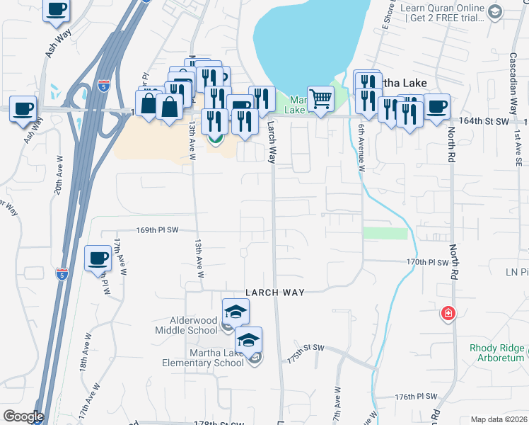 map of restaurants, bars, coffee shops, grocery stores, and more near 1022 168th Street Southwest in Lynnwood