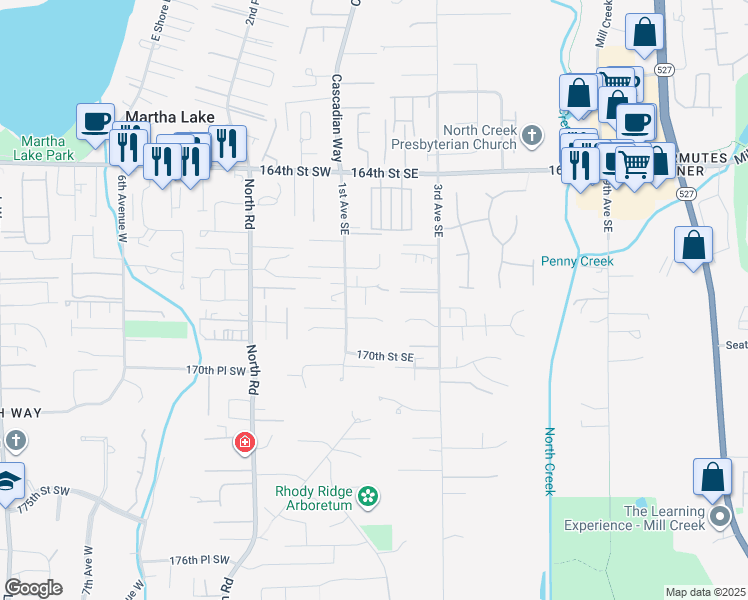 map of restaurants, bars, coffee shops, grocery stores, and more near 16723 1st Avenue West in Bothell