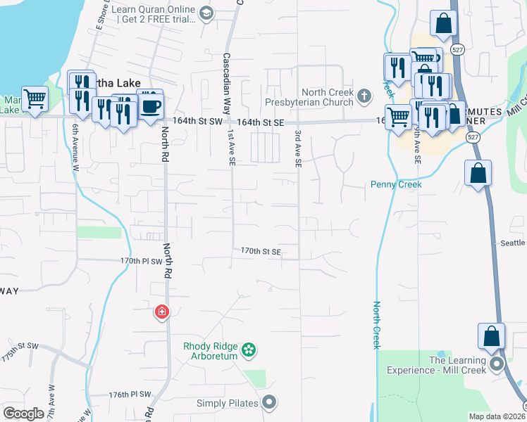 map of restaurants, bars, coffee shops, grocery stores, and more near 16723 1st Avenue West in Bothell