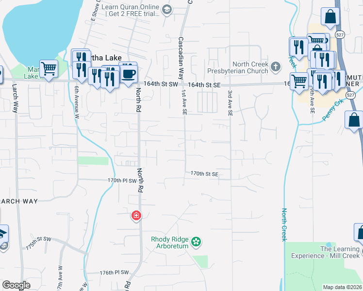 map of restaurants, bars, coffee shops, grocery stores, and more near 16820 1st Avenue Southeast in Bothell