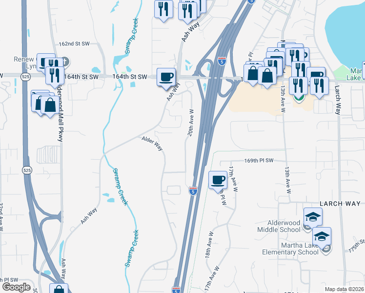 map of restaurants, bars, coffee shops, grocery stores, and more near 16908 20th Avenue West in Lynnwood