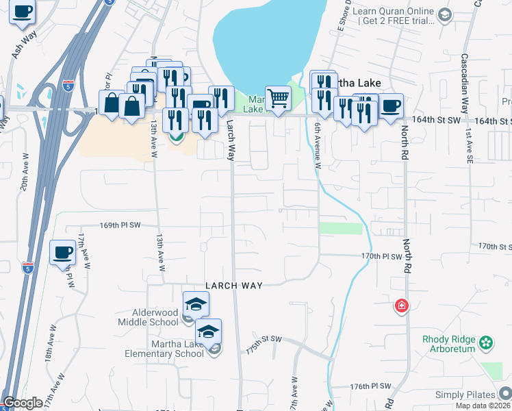 map of restaurants, bars, coffee shops, grocery stores, and more near 16817 Larch Way in Lynnwood