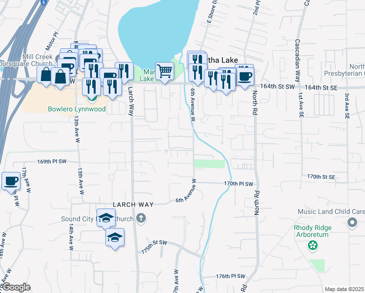 map of restaurants, bars, coffee shops, grocery stores, and more near 16720 6th Avenue West in Lynnwood