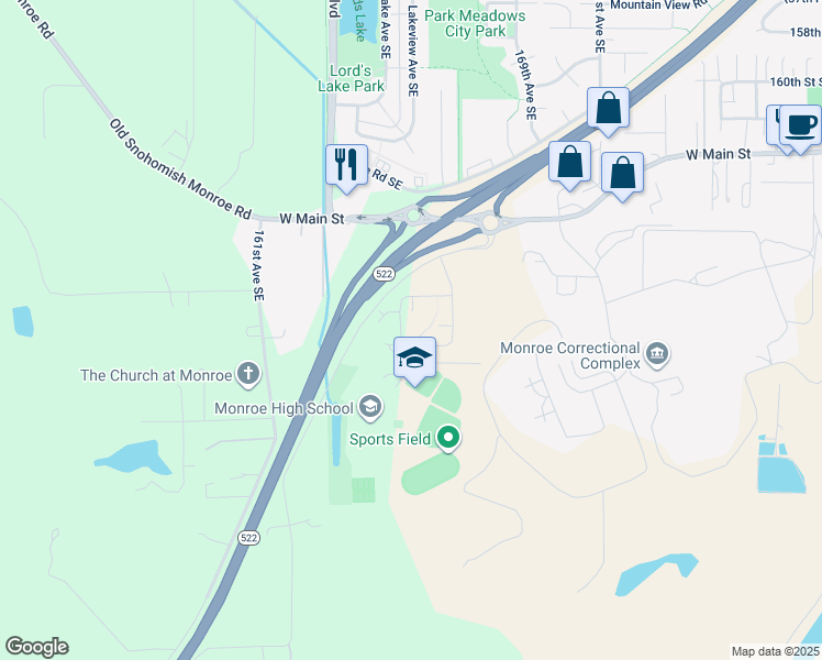 map of restaurants, bars, coffee shops, grocery stores, and more near 16543 169th Street Southeast in Monroe