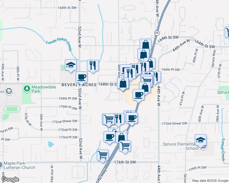 map of restaurants, bars, coffee shops, grocery stores, and more near 4800 168th Street Southwest in Lynnwood