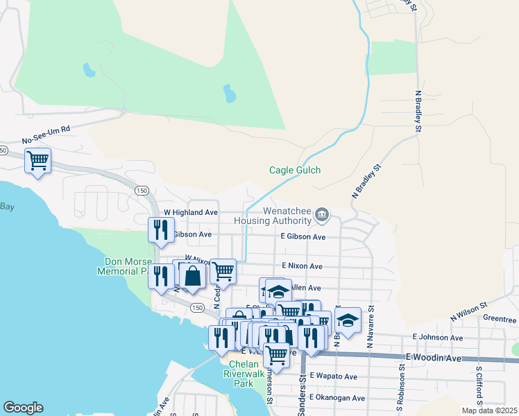 map of restaurants, bars, coffee shops, grocery stores, and more near 121 East Highland Avenue in Chelan